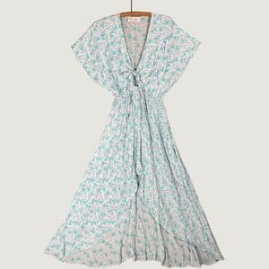 Walker & Wade Blue Floral Rayon Tie Front High-Low Maxi Dress White Turquoise
